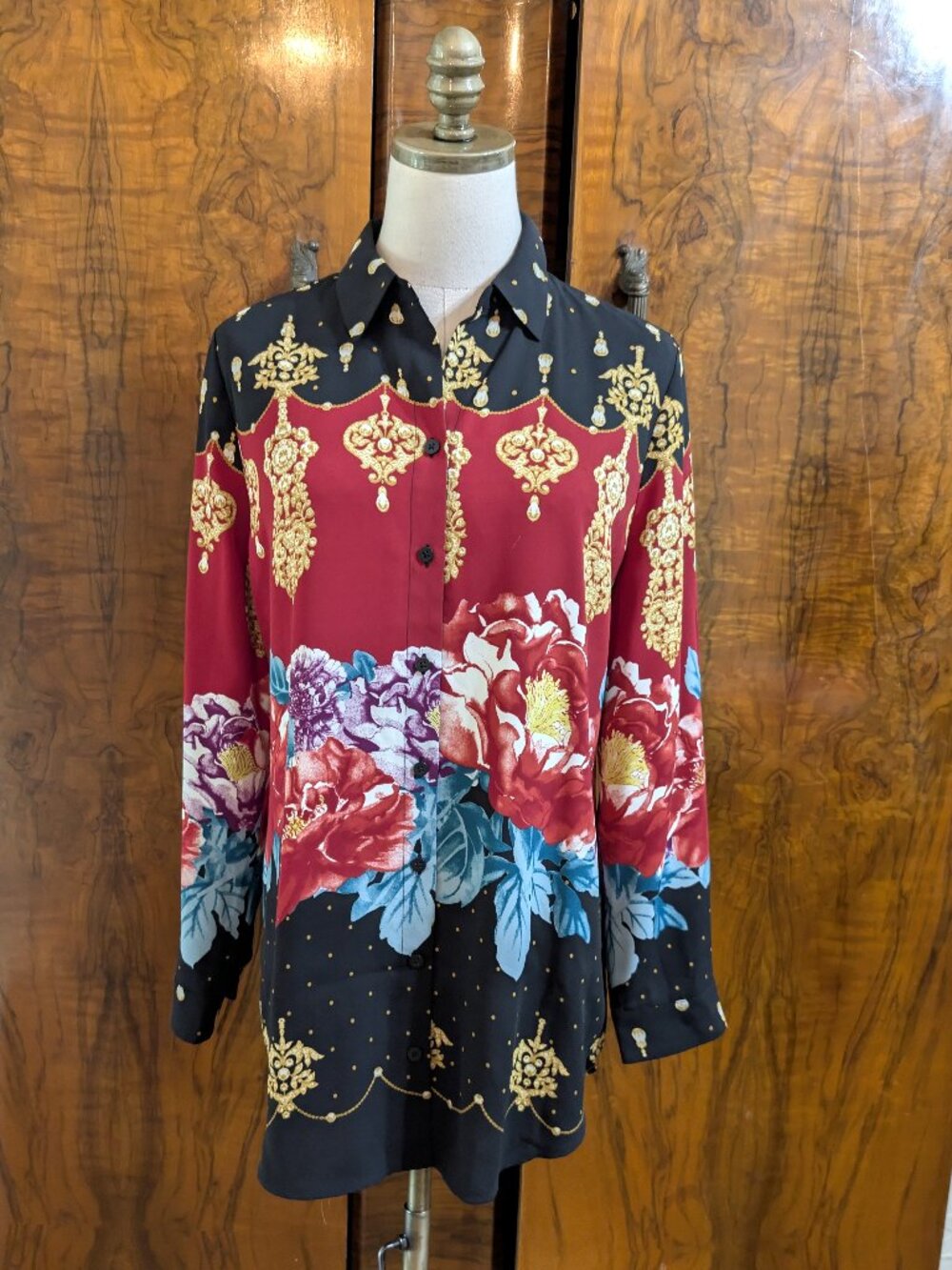Chico's Reversible Shirt Blouse 8/10 1 Bold Baroque Floral Polka Dot Art to Wear